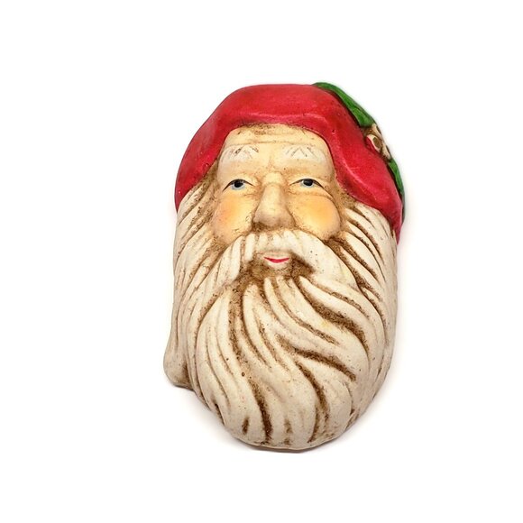 Santa Claus Head Christmas Ornament Bisque Porcelain Holly 3" Tall - Picture 1 of 6